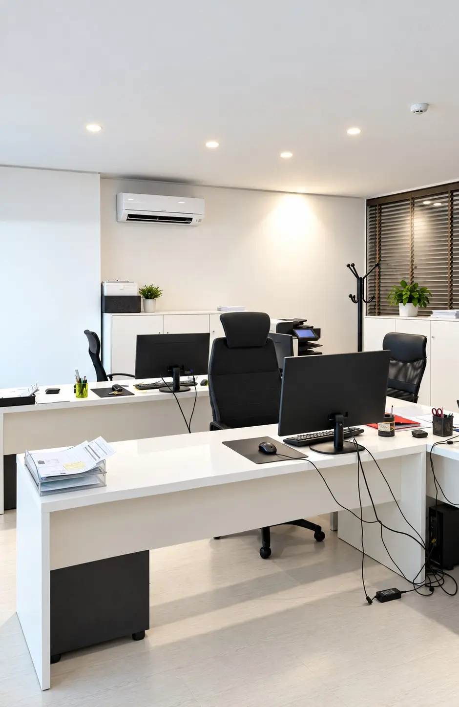 Zona de trabalho do escritório, com secretárias e computadores